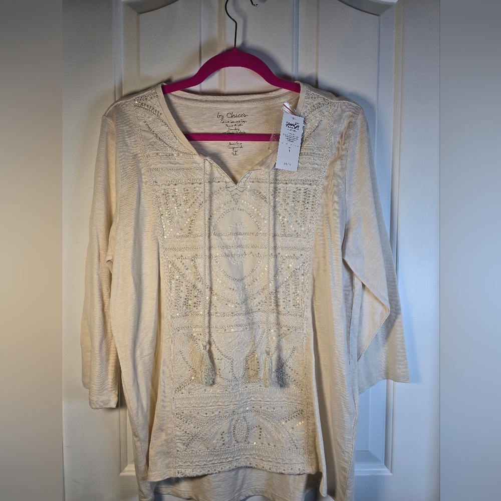 Chico's Cream Embroidered Top